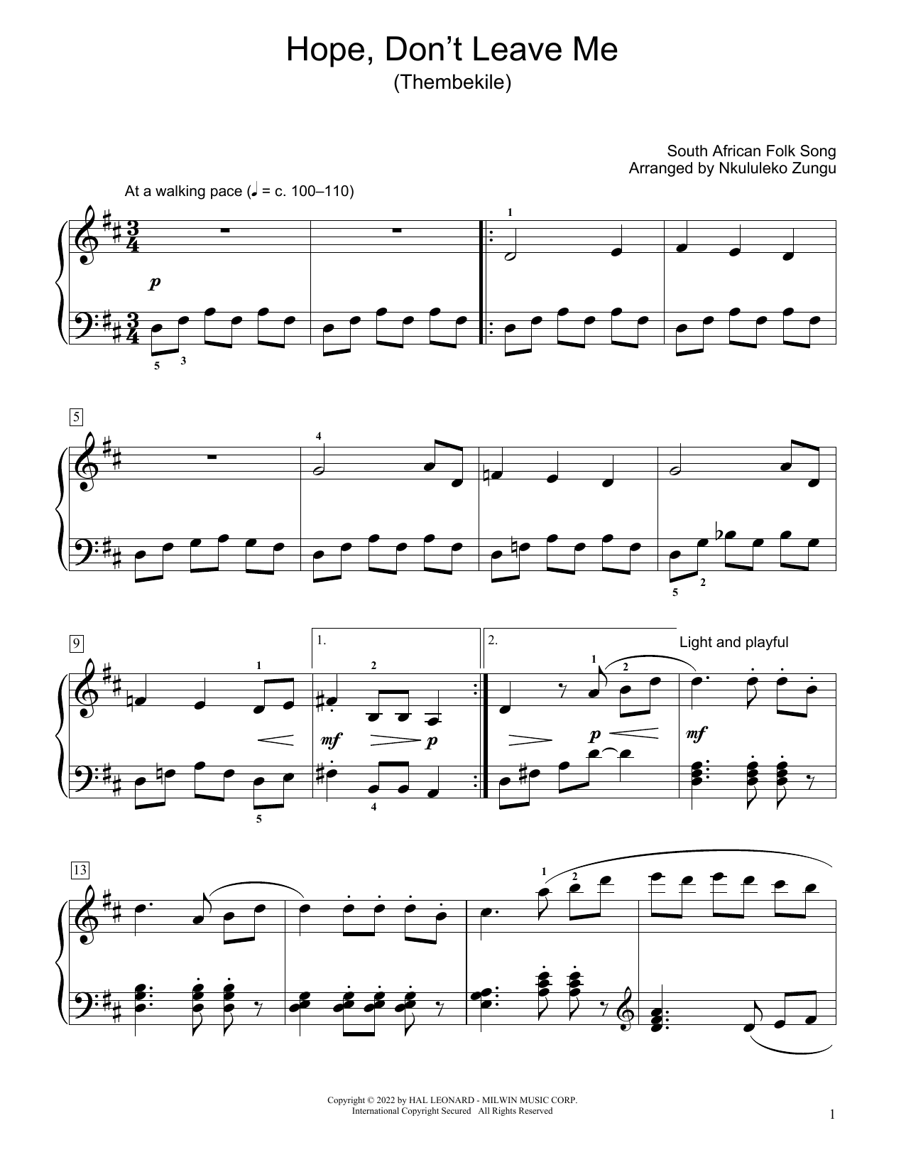 South African folk song Hope, Don't Leave Me (Thembekile) (arr. Nkululeko Zungu) sheet music notes and chords arranged for Educational Piano