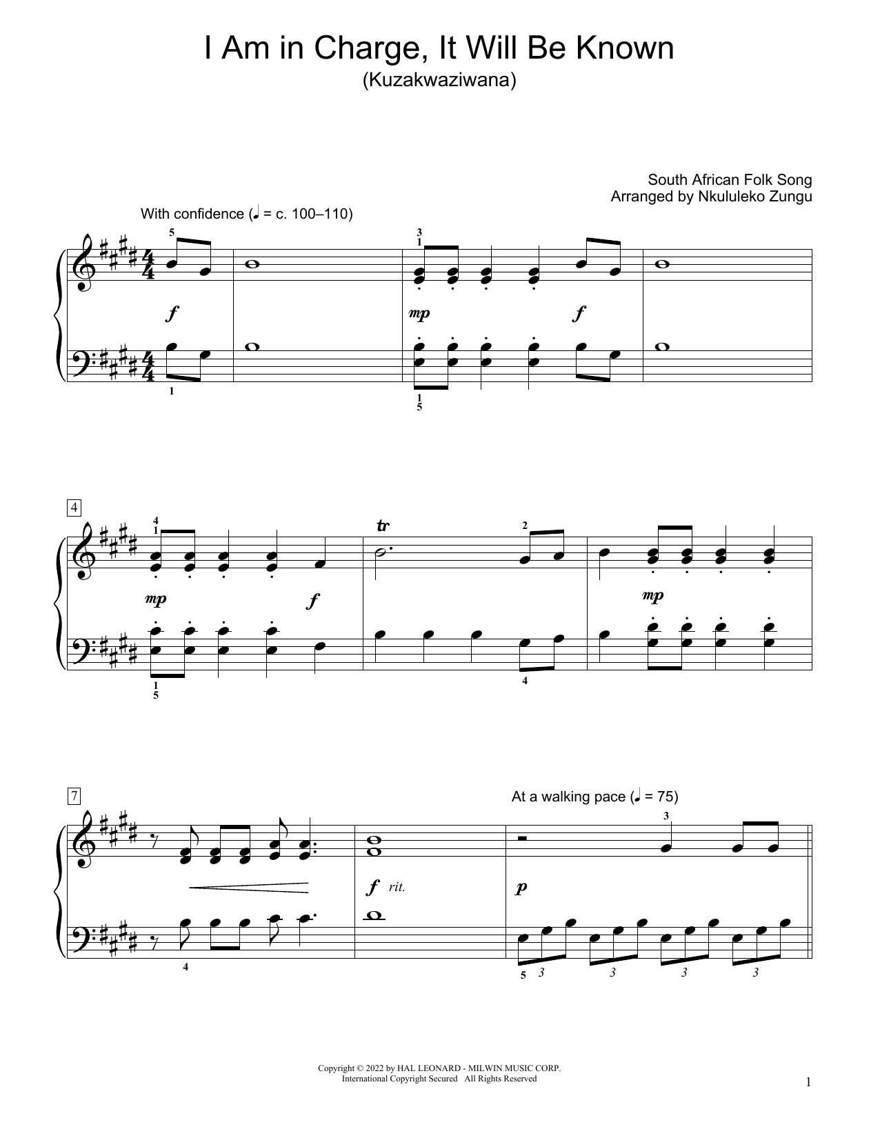 South African folk song I Am In Charge, It Will Be Known (Kuzakwaziwana) (arr. Nkululeko Zungu) sheet music notes and chords arranged for Educational Piano