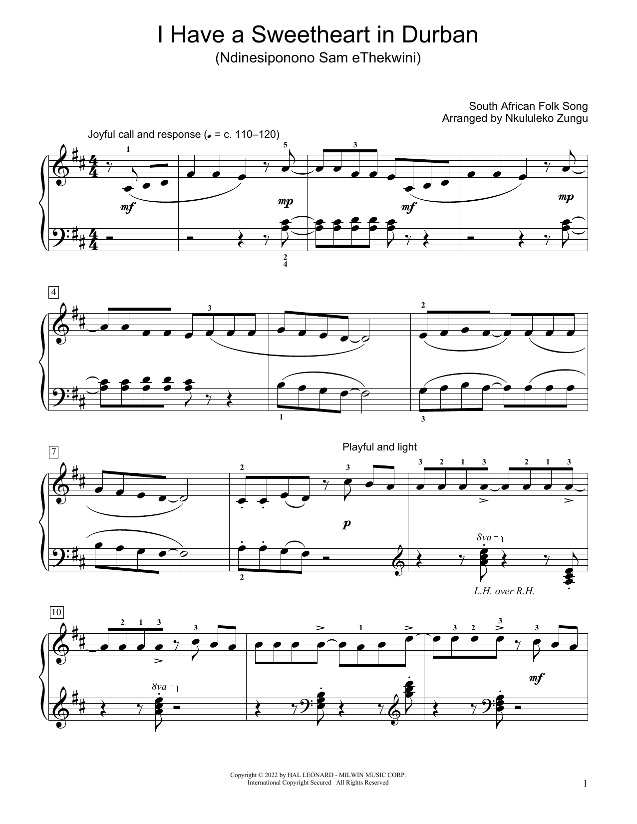 South African folk song I Have A Sweetheart In Durban (Ndinesiponono Sam Ethekwini) (arr. Nkululeko Zungu) sheet music notes and chords arranged for Educational Piano