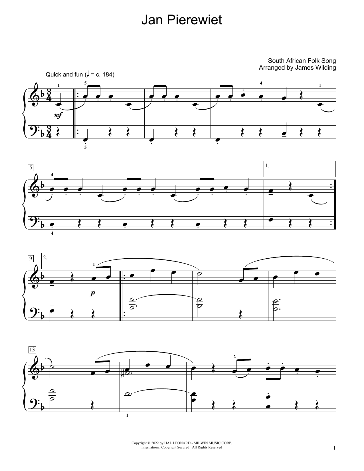 South African folk song Jan Pierewiet (arr. James Wilding) sheet music notes and chords arranged for Educational Piano