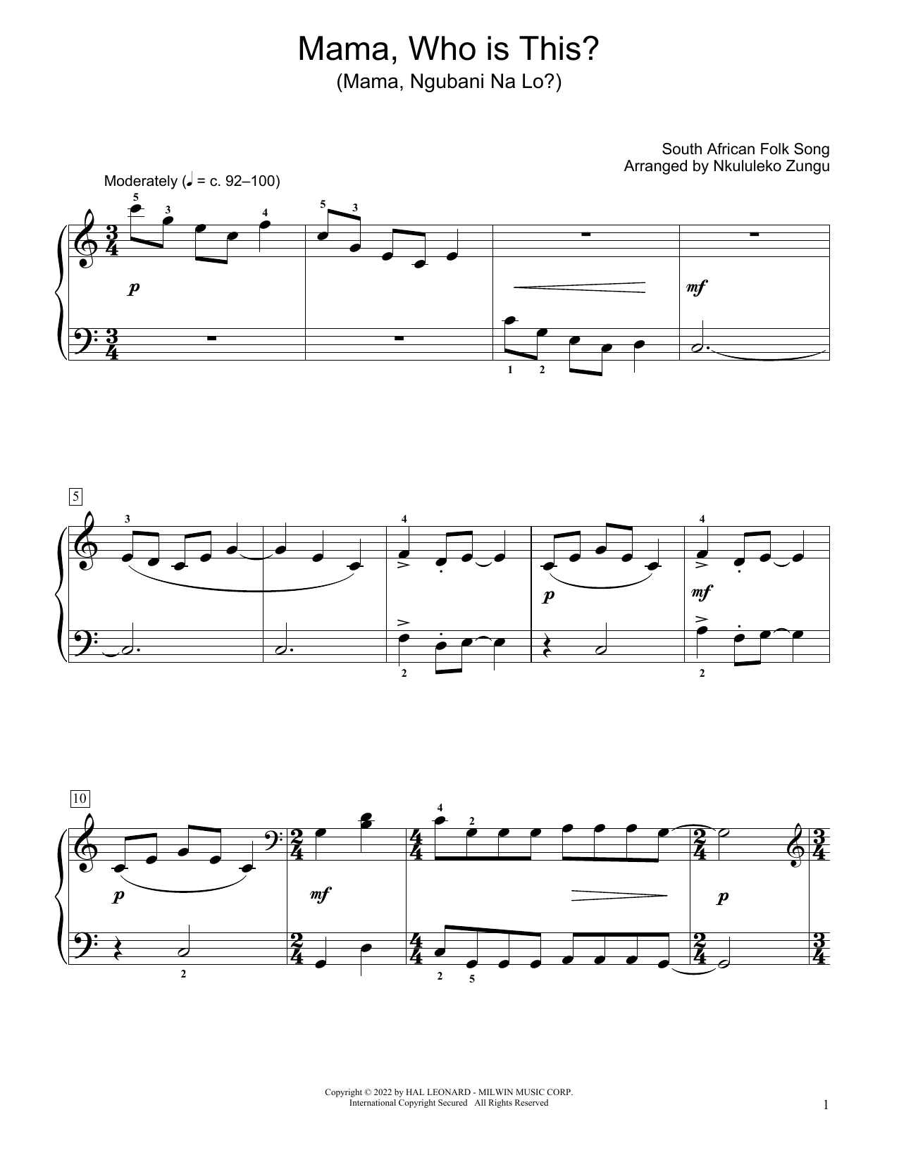 South African folk song Mama, Who Is This? (Mama Ngubani Na Lo) (arr. Nkululeko Zungu) sheet music notes and chords arranged for Educational Piano