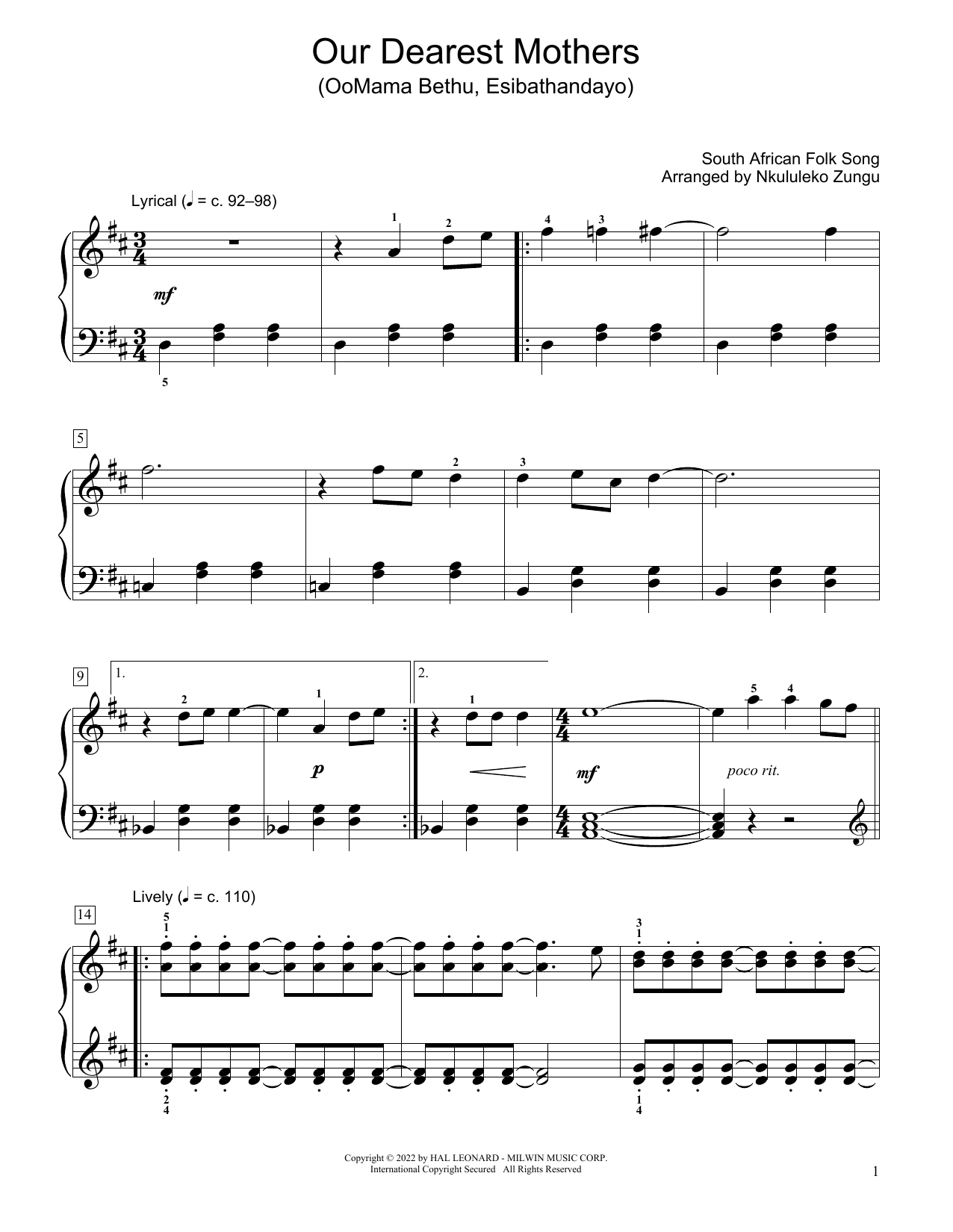 South African folk song Our Dearest Mothers (Oomama Bethu Esibathandayo) (arr. Nkululeko Zungu) sheet music notes and chords arranged for Educational Piano