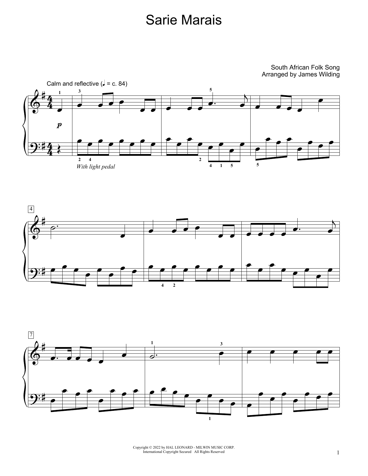 South African folk song Sarie Marais (arr. James Wilding) sheet music notes and chords arranged for Educational Piano