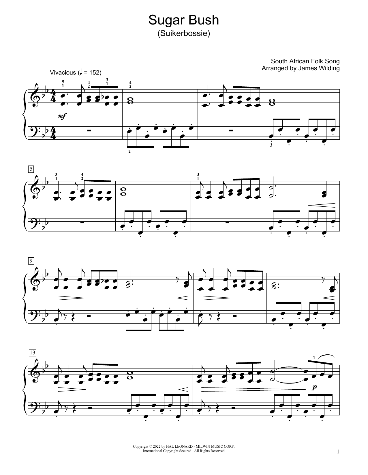 South African folk song Sugar Bush (Suikerbossie) (arr. James Wilding) sheet music notes and chords arranged for Educational Piano