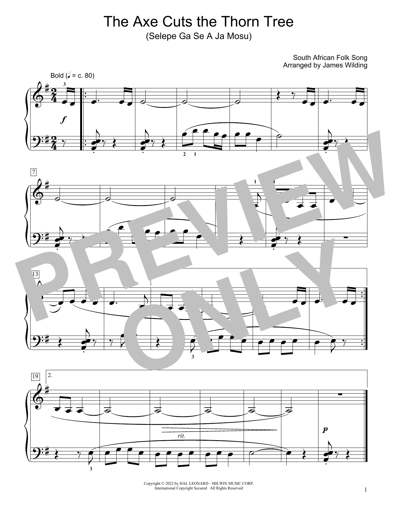 South African folk song The Axe Cuts The Thorn Tree (Selepe Ga Se A Ja Mosu) (arr. James Wilding) sheet music notes and chords arranged for Educational Piano