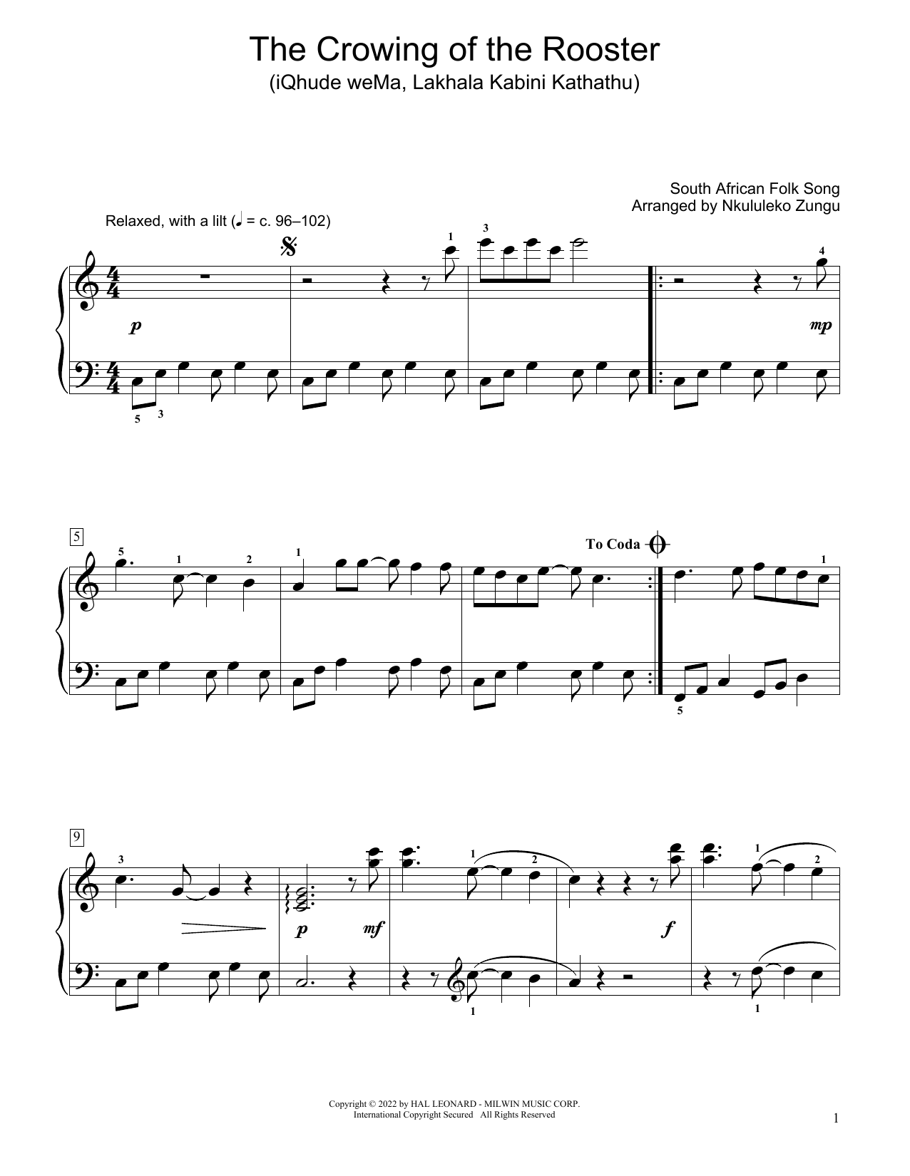 South African folk song The Crowing Of The Rooster (Iqhude Wema, Lakhala Kabini Kathathu) (arr. Nkululeko Zungu) sheet music notes and chords arranged for Educational Piano