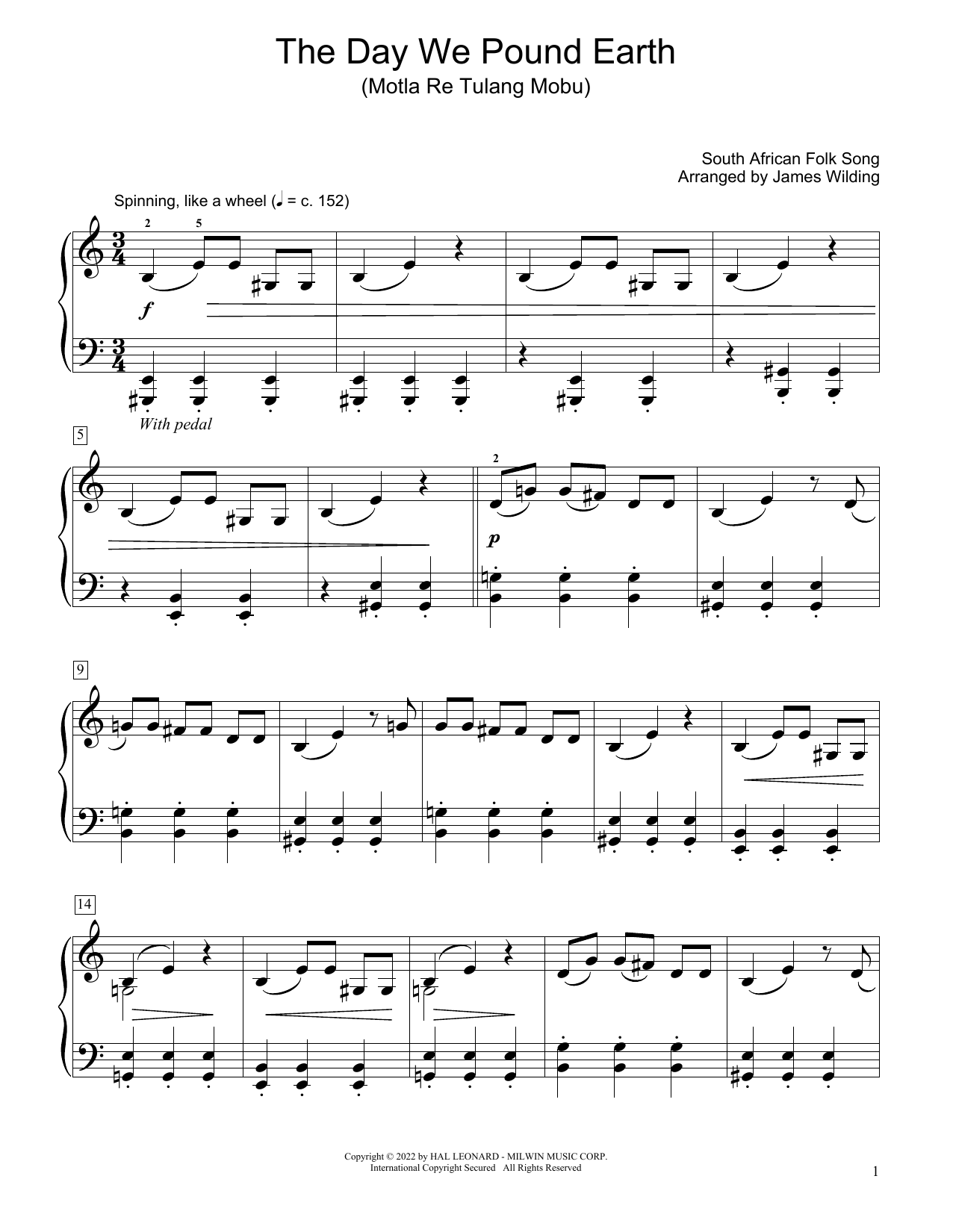South African folk song The Day We Pound Earth (Motla Re Tulang Mobu) (arr. James Wilding) sheet music notes and chords arranged for Educational Piano