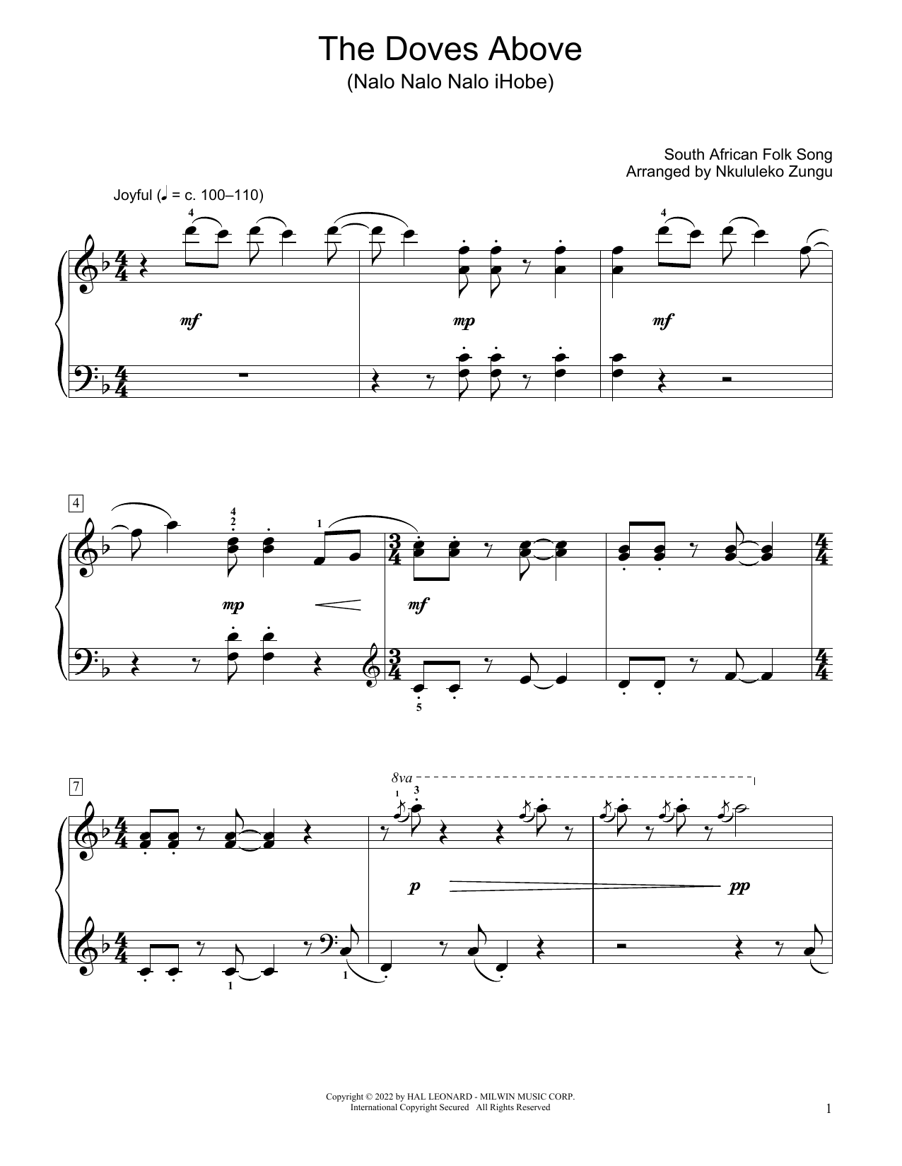South African folk song The Doves Above (Nalo Nalo Nalo Ihobe) (arr. Nkululeko Zungu) sheet music notes and chords arranged for Educational Piano