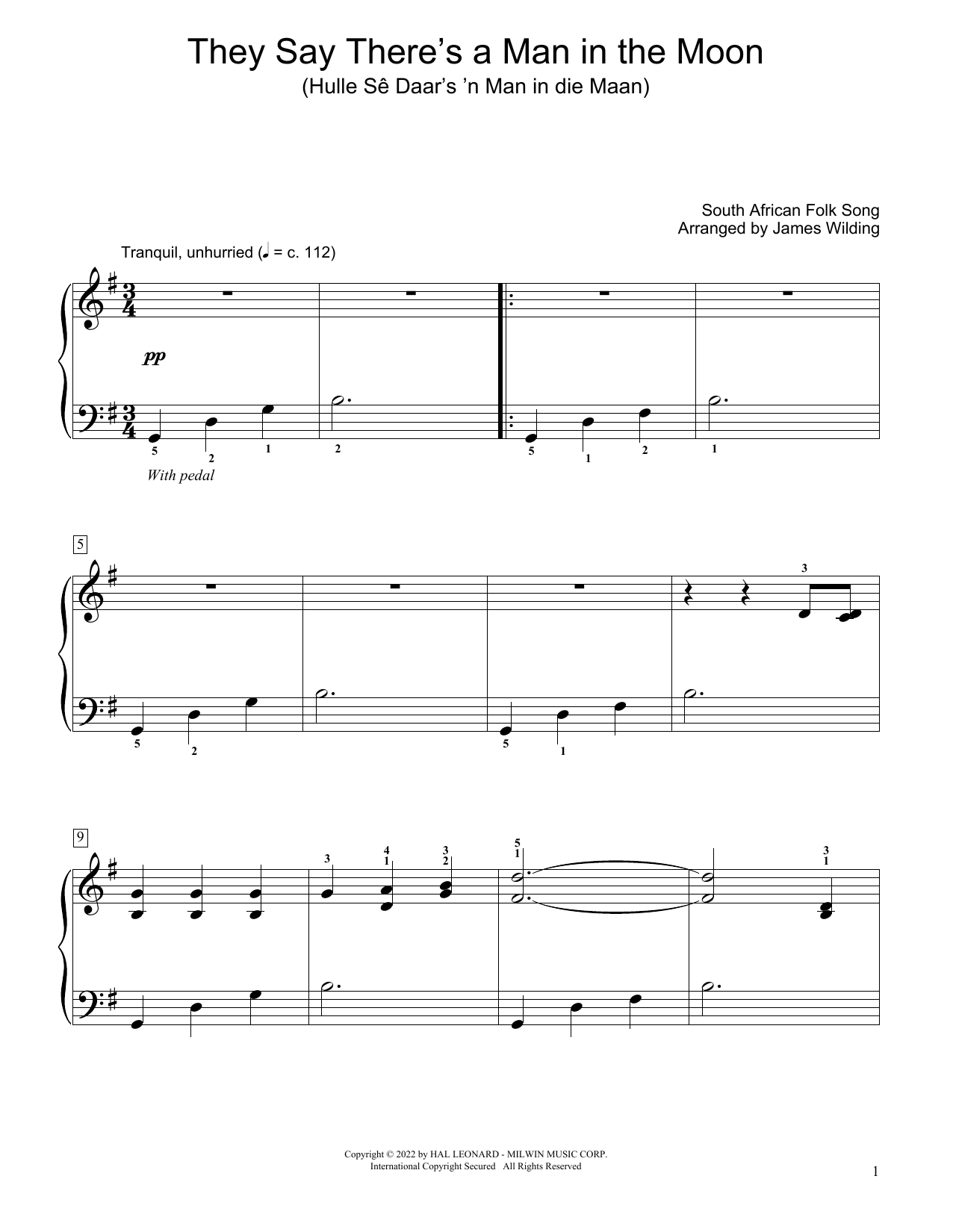 South African folk song They Say There's A Man In The Moon (Hulle Se Daar's 'N Man In Die Maan) (arr. James Wilding) sheet music notes and chords arranged for Educational Piano