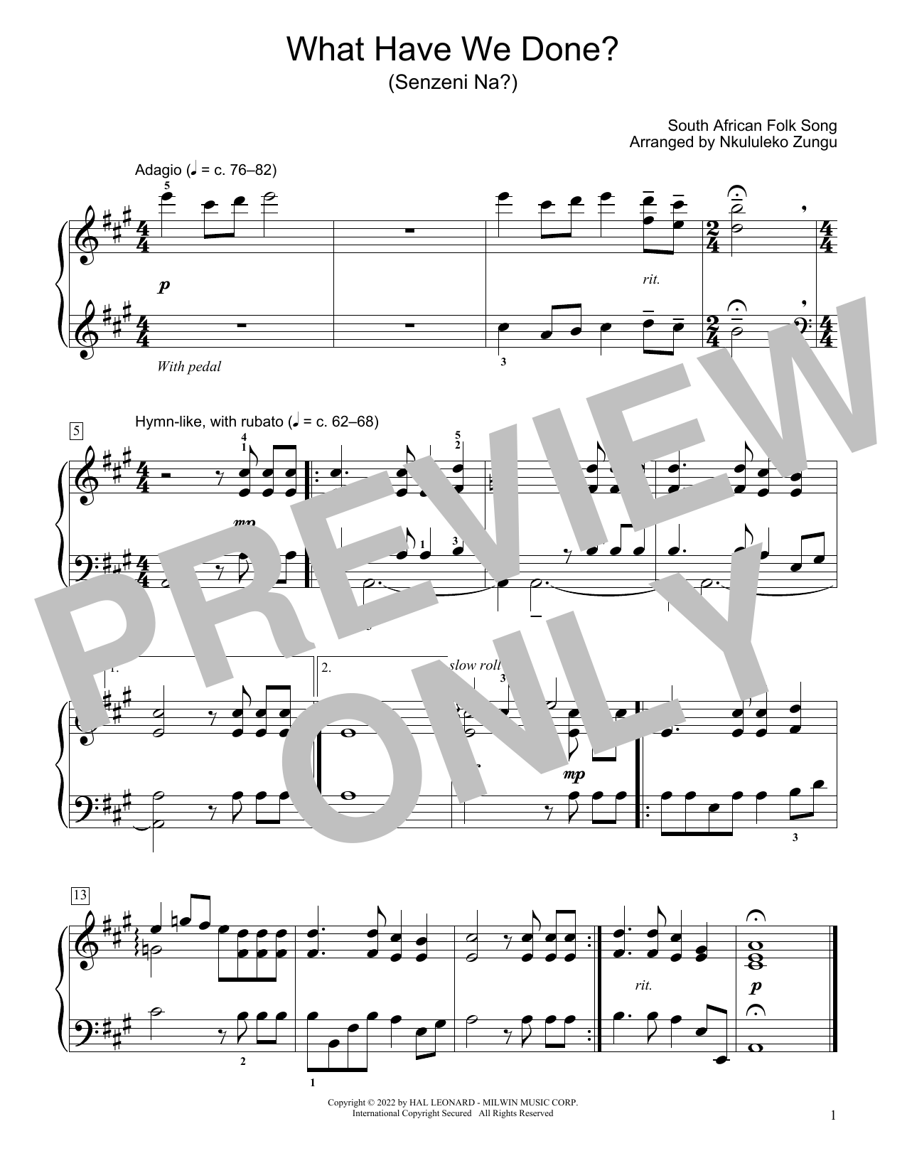 South African folk song What Have We Done? (Senzeni Na?) (arr. Nkululeko Zungu) sheet music notes and chords arranged for Educational Piano