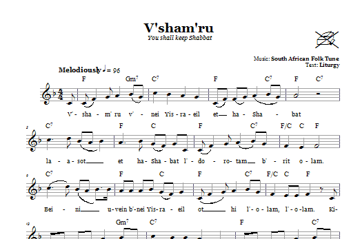 South African Folk Tune V'sham'ru (You Shall Keep Shabbat) sheet music notes and chords arranged for Lead Sheet / Fake Book