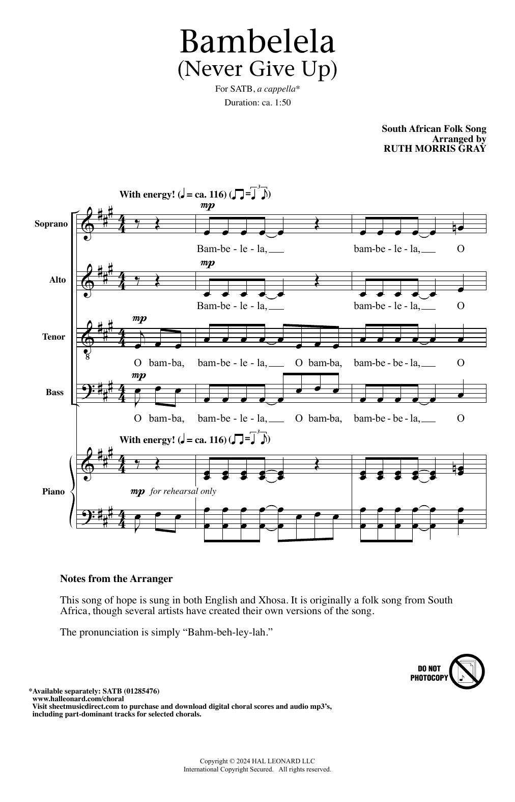 South African Folksong Bambelela (Never Give Up) (arr. Ruth Morris Gray) sheet music notes and chords arranged for SATB Choir