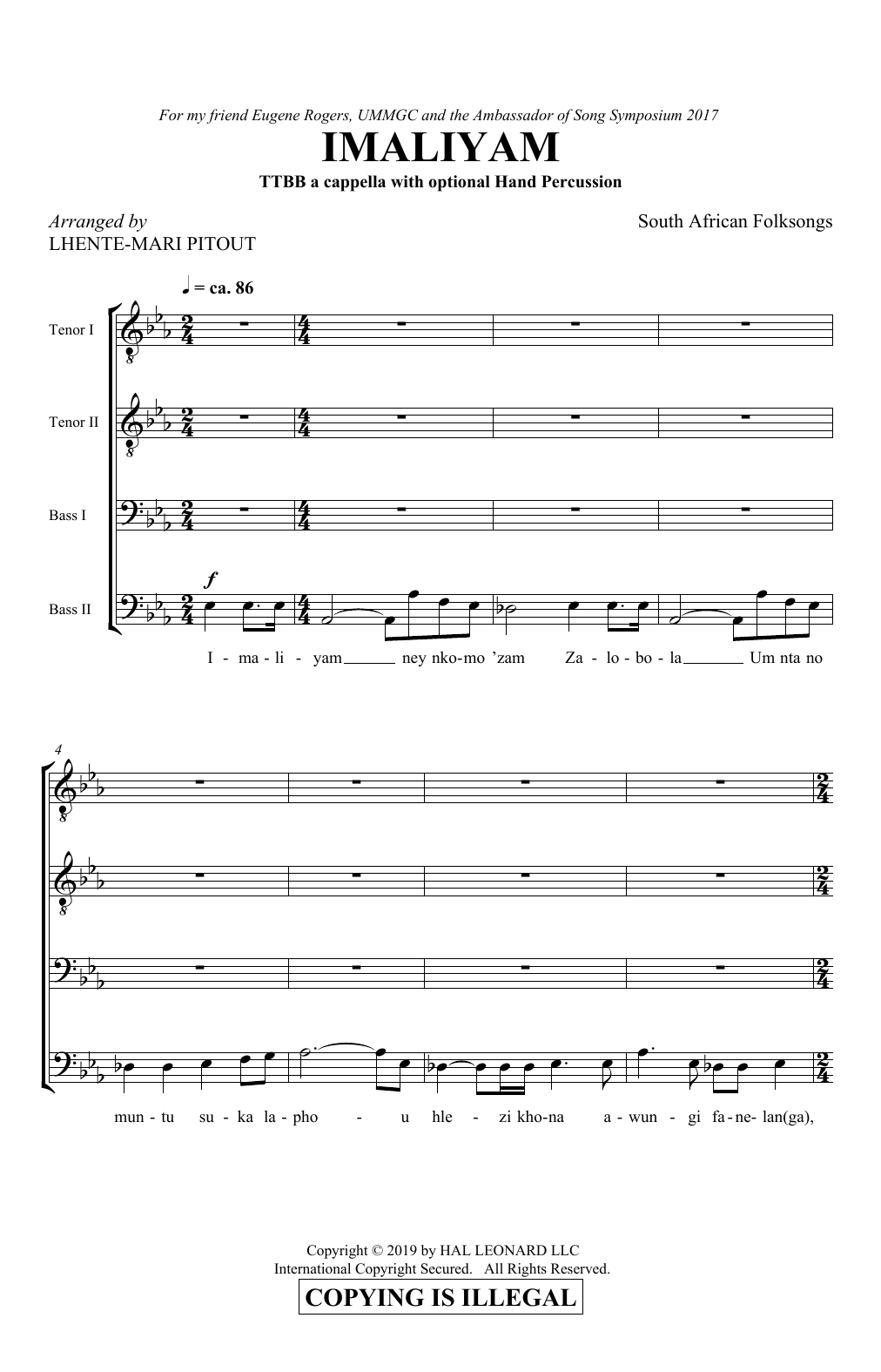 South African Folksong Imaliyam (arr. Lhente-Mari Pitout) sheet music notes and chords arranged for TTBB Choir