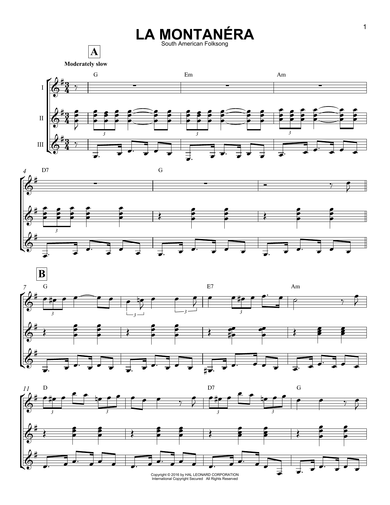 South American Folksong La Montanera sheet music notes and chords arranged for Guitar Ensemble
