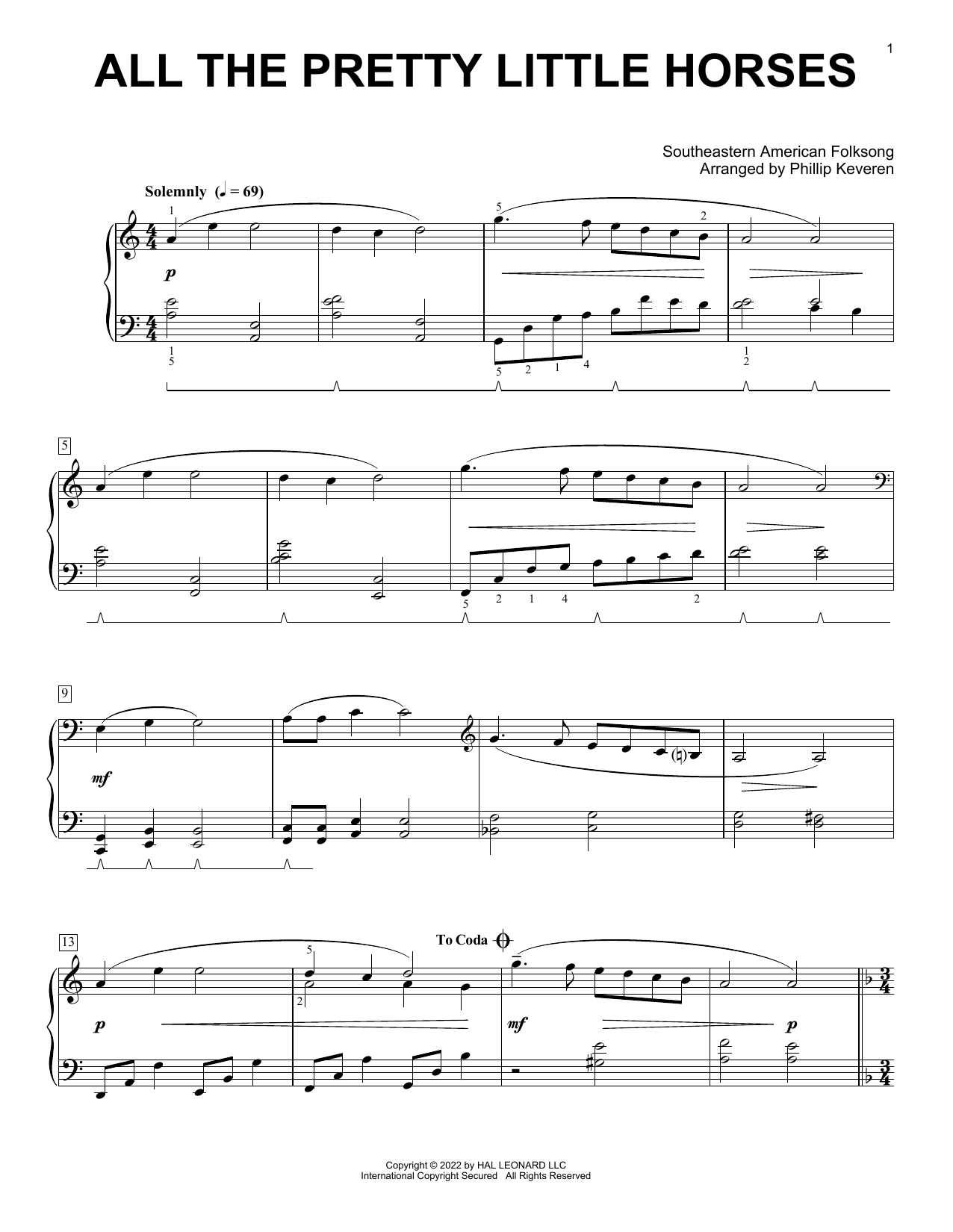 Southeastern American Folksong All The Pretty Little Horses (arr. Phillip Keveren) sheet music notes and chords arranged for Piano Solo