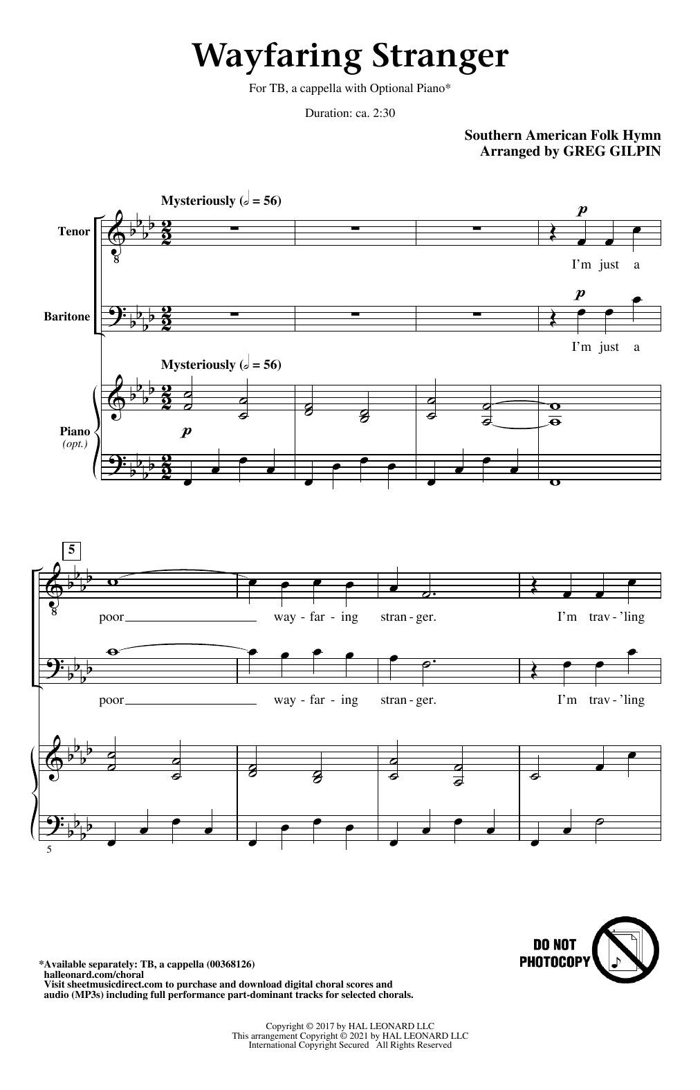 Southern American Folk Hymn Wayfaring Stranger (arr. Greg Gilpin) sheet music notes and chords arranged for TB Choir