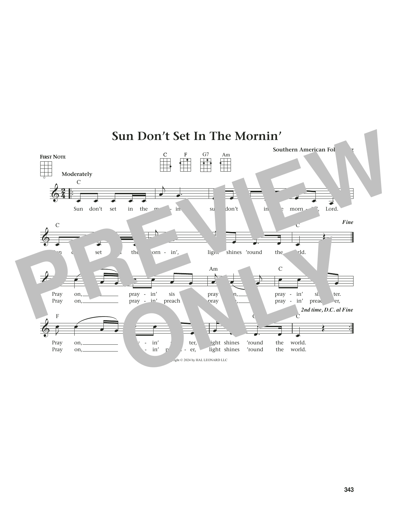Southern American Folk Song Sun Don't Set In The Mornin' (from The Daily Ukulele) (arr. Jim Beloff) sheet music notes and chords arranged for Ukulele