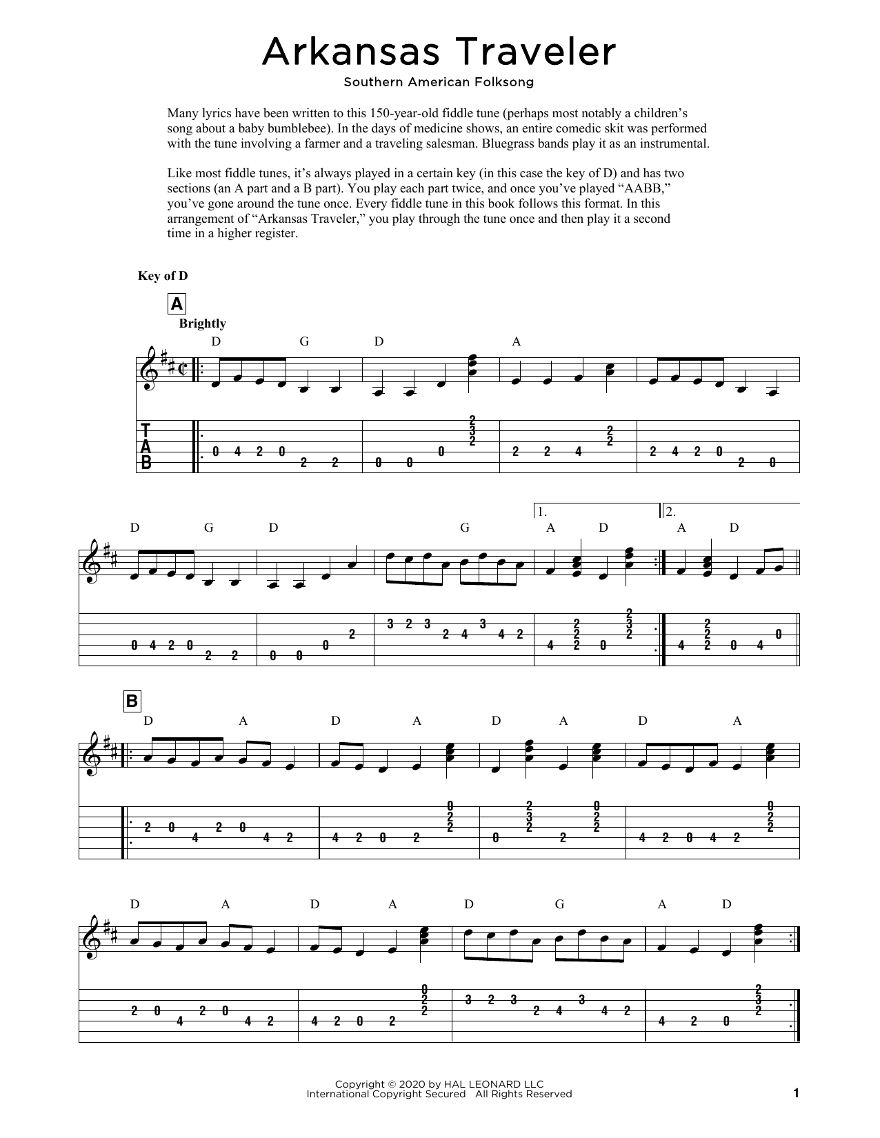 Southern American Folksong Arkansas Traveler (arr. Fred Sokolow) sheet music notes and chords arranged for Mandolin