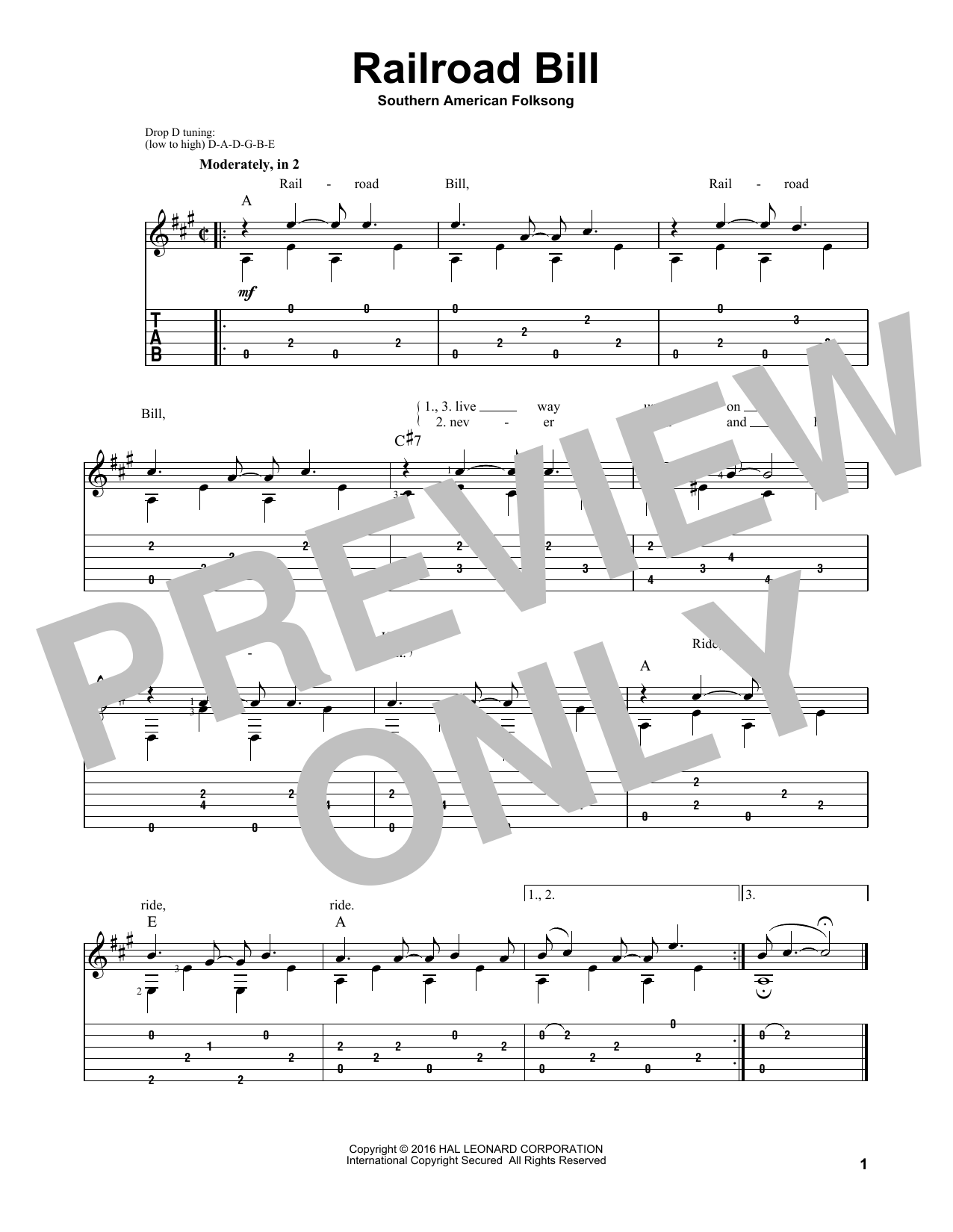 Southern American Folksong Railroad Bill sheet music notes and chords arranged for Solo Guitar
