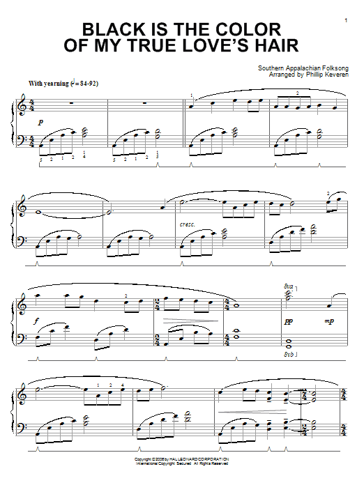 Southern Appalachian Folk Song Black Is the Color Of My True Love's Hair (arr. Phillip Keveren) sheet music notes and chords arranged for Piano Solo