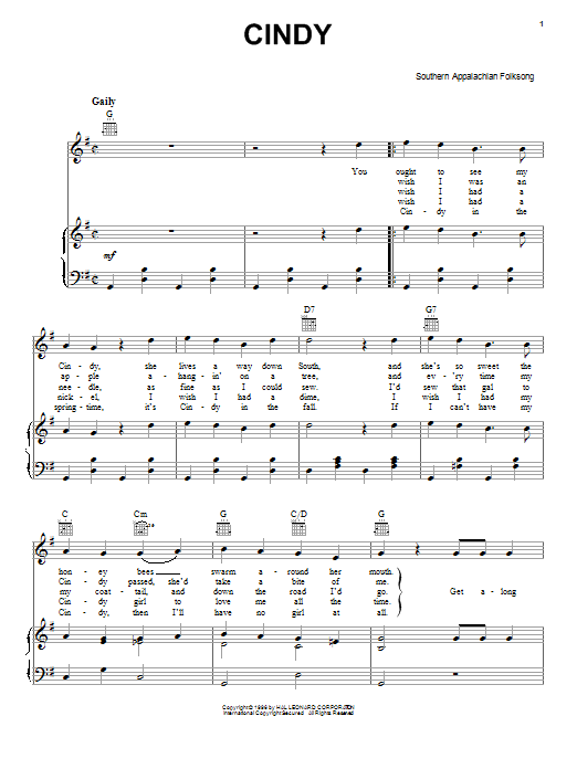 Southern Appalachian Folk Song Cindy sheet music notes and chords arranged for Piano, Vocal & Guitar Chords (Right-Hand Melody)