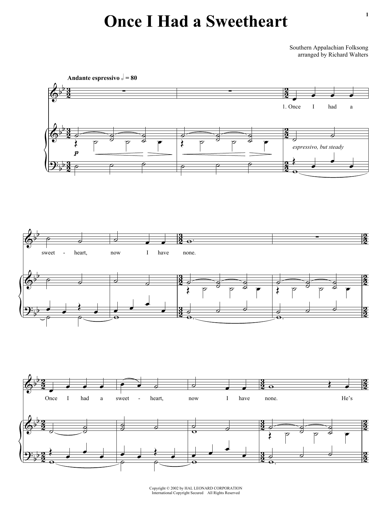 Southern Appalachian Folk Song Once I Had A Sweetheart sheet music notes and chords arranged for Piano, Vocal & Guitar Chords (Right-Hand Melody)