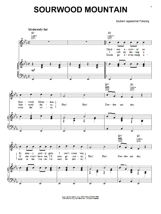 Southern Appalachian Folk Song Sourwood Mountain sheet music notes and chords arranged for Piano, Vocal & Guitar Chords (Right-Hand Melody)