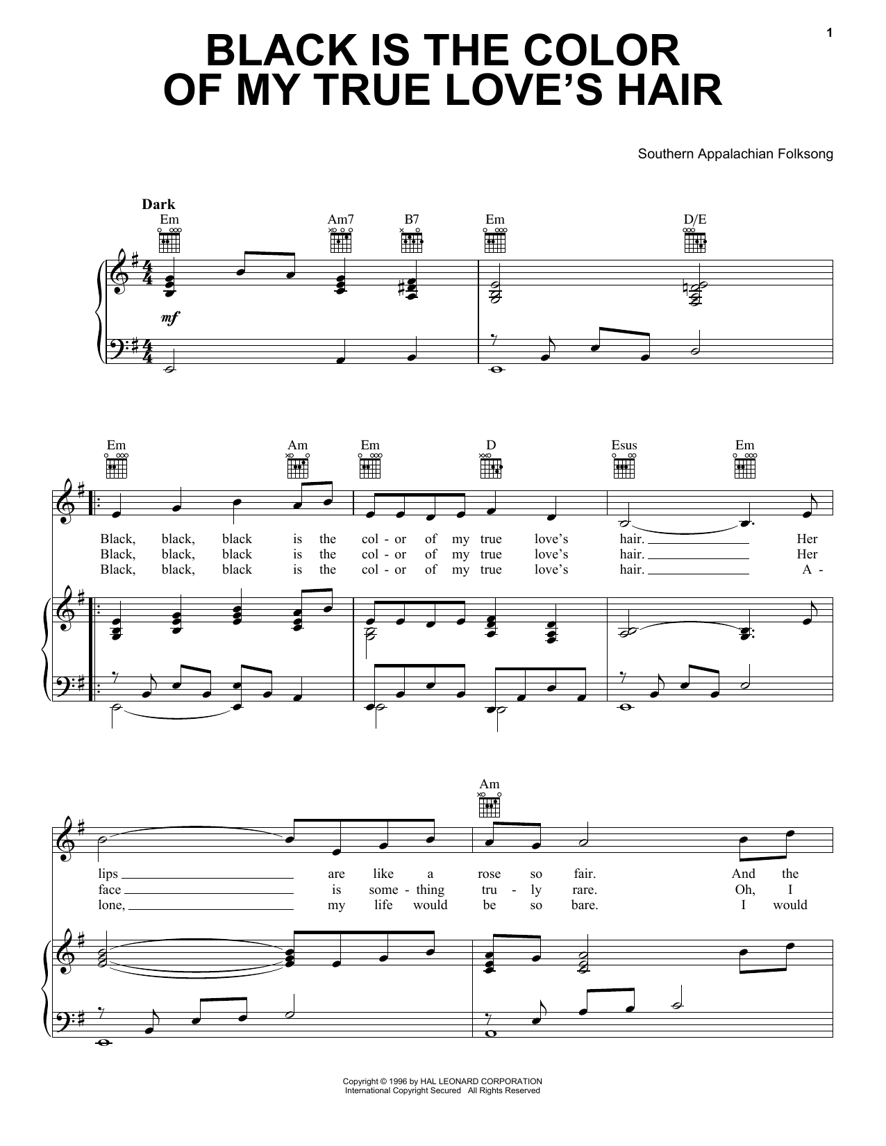 Southern Appalachian Folksong Black Is the Color of My True Love's Hair sheet music notes and chords arranged for Piano, Vocal & Guitar Chords (Right-Hand Melody)