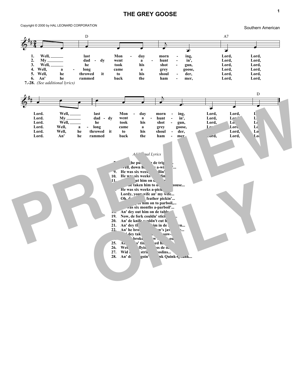 Southern Folksong The Grey Goose sheet music notes and chords arranged for Lead Sheet / Fake Book