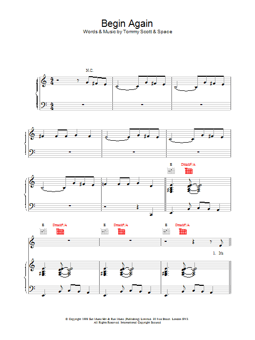 Space Begin Again sheet music notes and chords arranged for Piano, Vocal & Guitar Chords
