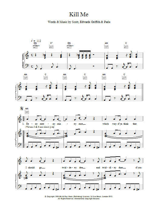 Space Kill Me sheet music notes and chords arranged for Piano, Vocal & Guitar Chords