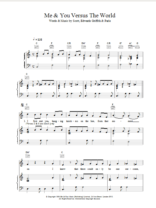 Space Me & You Versus The World sheet music notes and chords arranged for Piano, Vocal & Guitar Chords