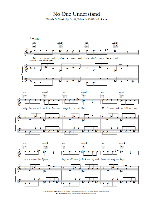 Space No One Understand sheet music notes and chords arranged for Piano, Vocal & Guitar Chords