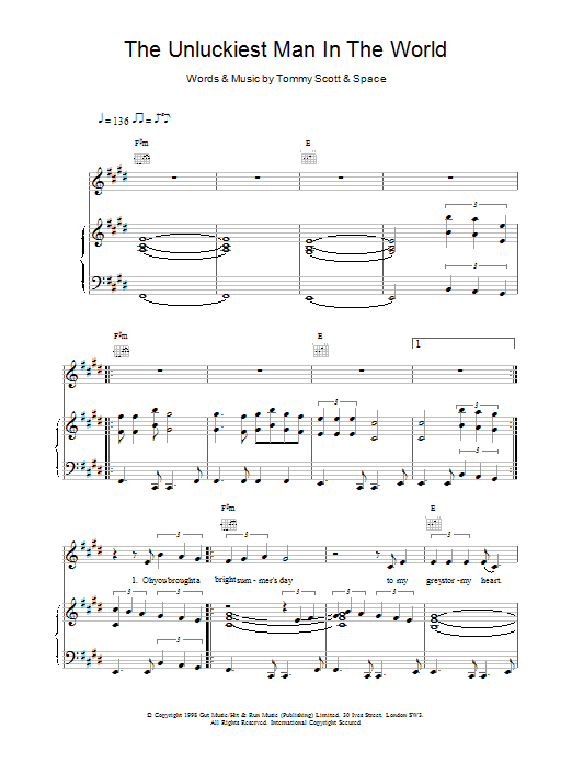 Space The Unluckiest Man In The World sheet music notes and chords arranged for Piano, Vocal & Guitar Chords