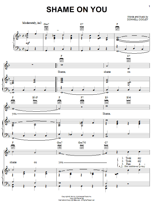 Spade Cooley Shame On You sheet music notes and chords arranged for Piano, Vocal & Guitar Chords (Right-Hand Melody)