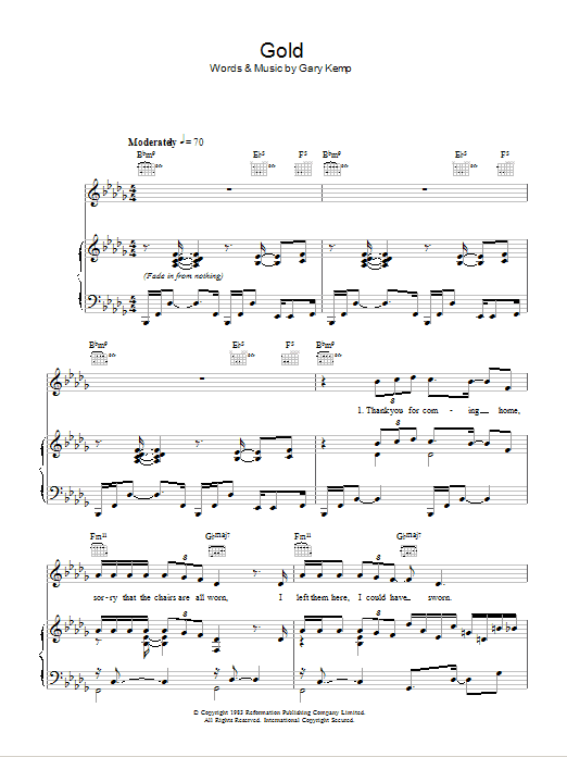 Spandau Ballet Gold sheet music notes and chords arranged for Piano, Vocal & Guitar Chords