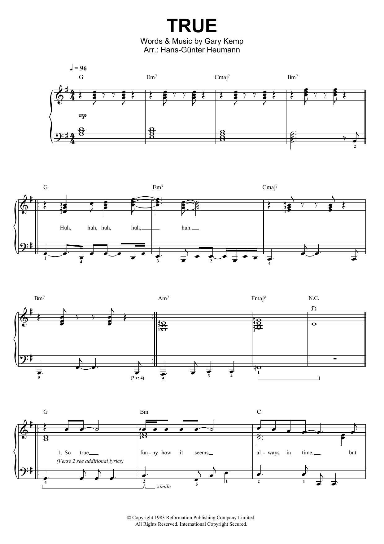 Spandau Ballet True sheet music notes and chords arranged for Piano & Vocal