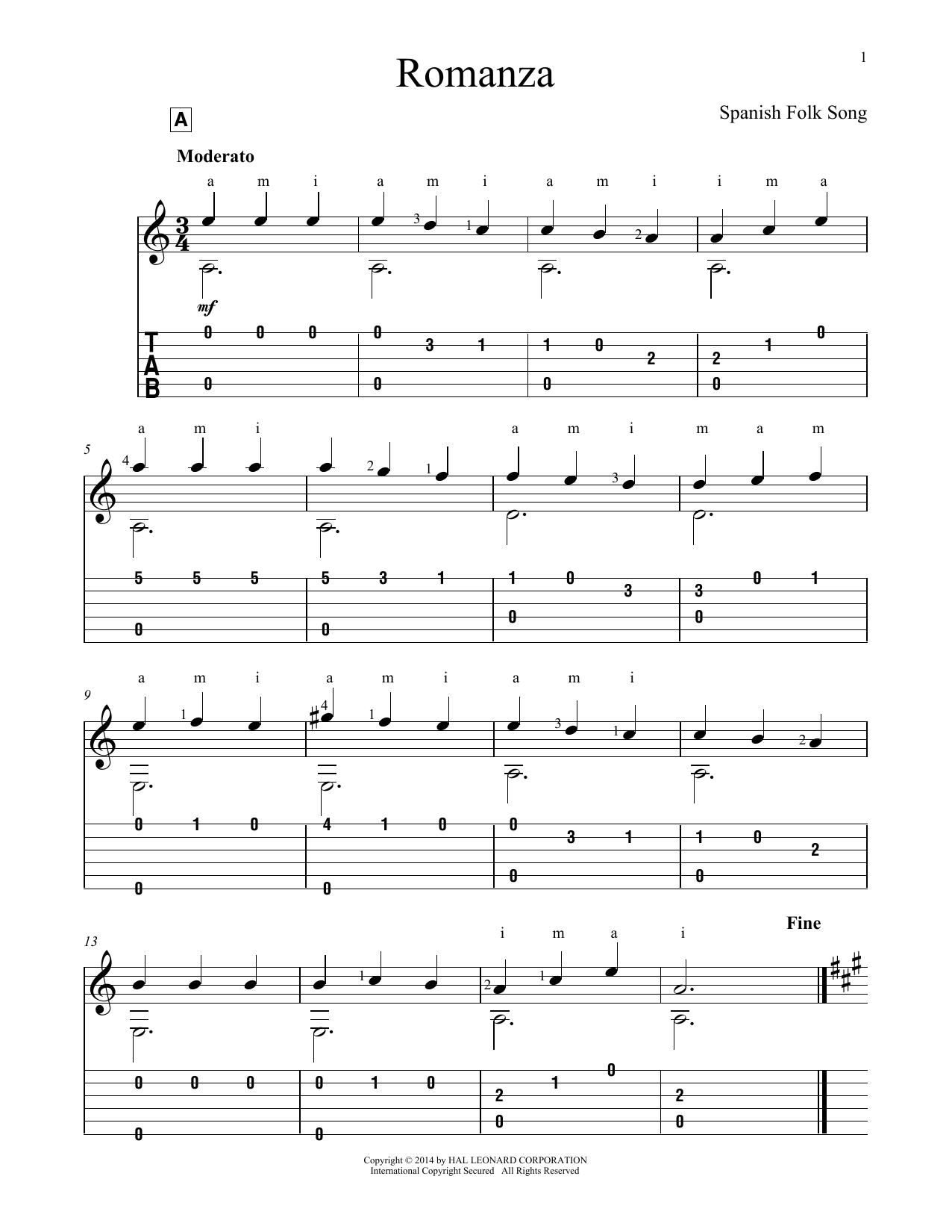Spanish Folk Song Romanza sheet music notes and chords arranged for Solo Guitar