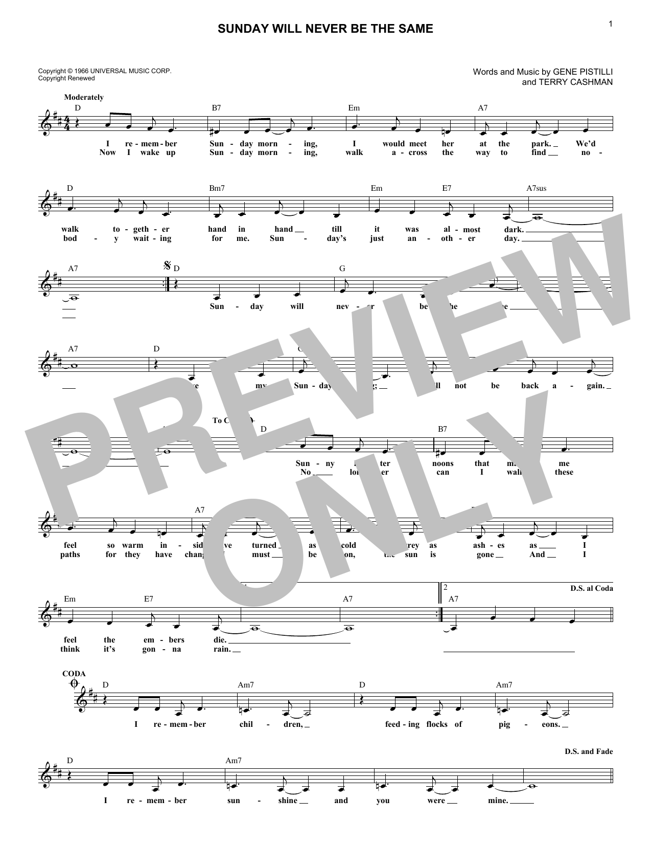 Spanky & Our Gang Sunday Will Never Be The Same sheet music notes and chords arranged for Lead Sheet / Fake Book