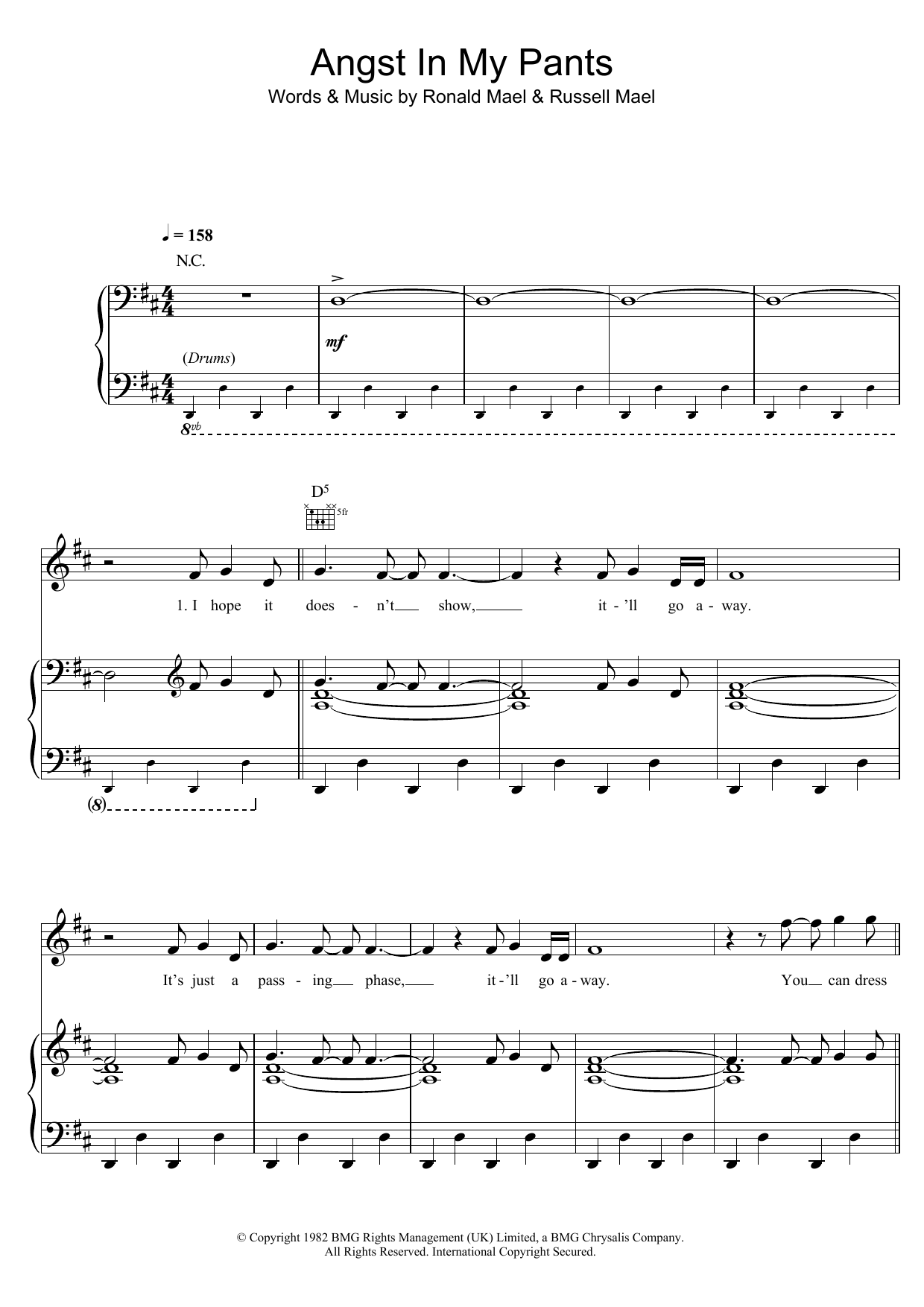 Sparks Angst In My Pants sheet music notes and chords arranged for Piano, Vocal & Guitar Chords