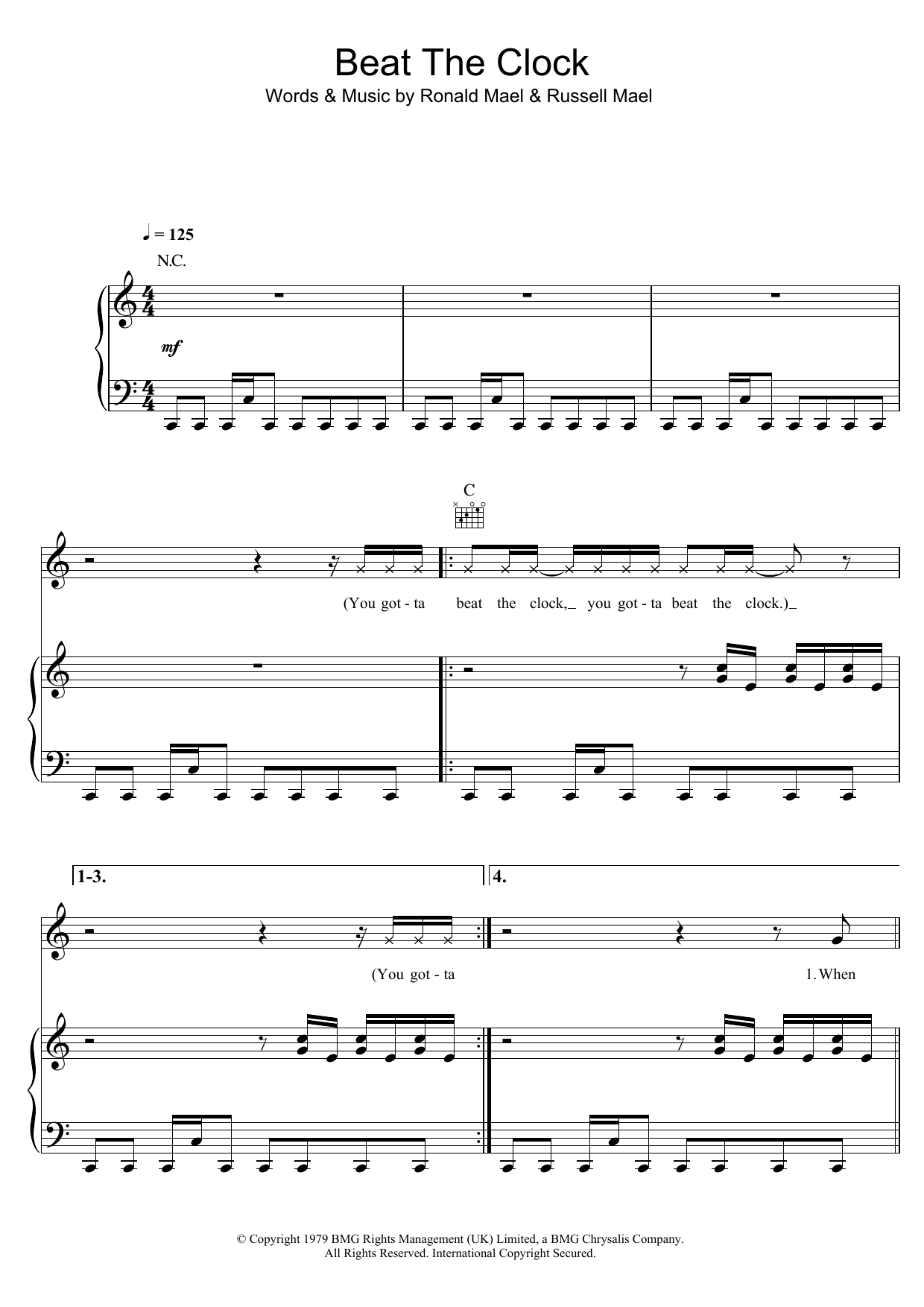 Sparks Beat The Clock sheet music notes and chords arranged for Piano, Vocal & Guitar Chords