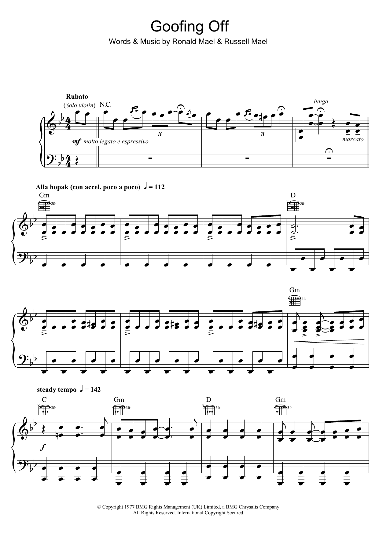 Sparks Goofing Off sheet music notes and chords arranged for Piano, Vocal & Guitar Chords
