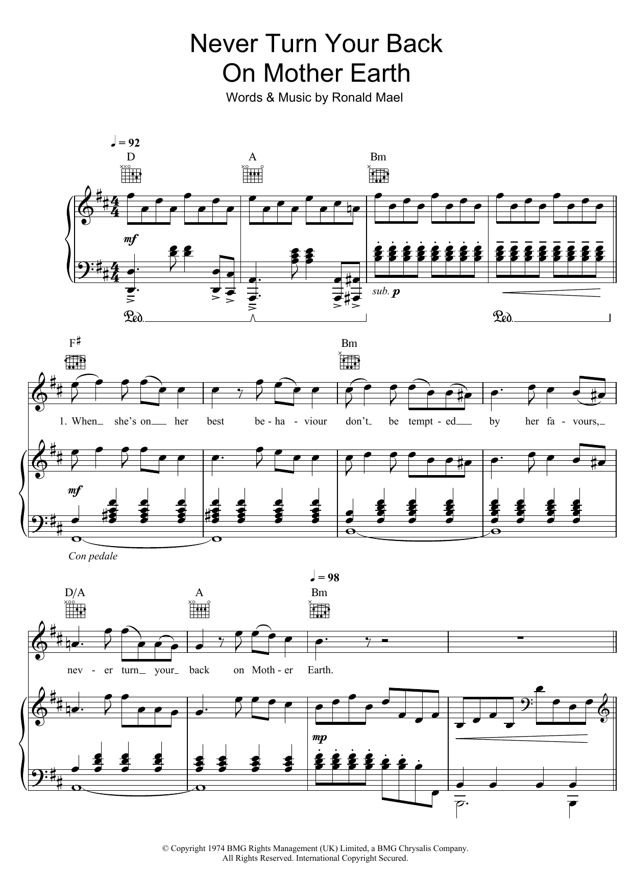 Sparks Never Turn Your Back On Mother Earth sheet music notes and chords arranged for Piano, Vocal & Guitar Chords