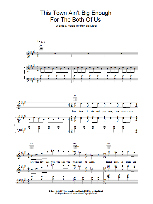 Sparks This Town Ain't Big Enough For Both Of Us sheet music notes and chords arranged for Piano, Vocal & Guitar Chords