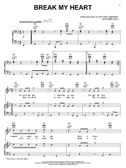 Spectacular! (Movie) Break My Heart sheet music notes and chords arranged for Piano, Vocal & Guitar Chords (Right-Hand Melody)