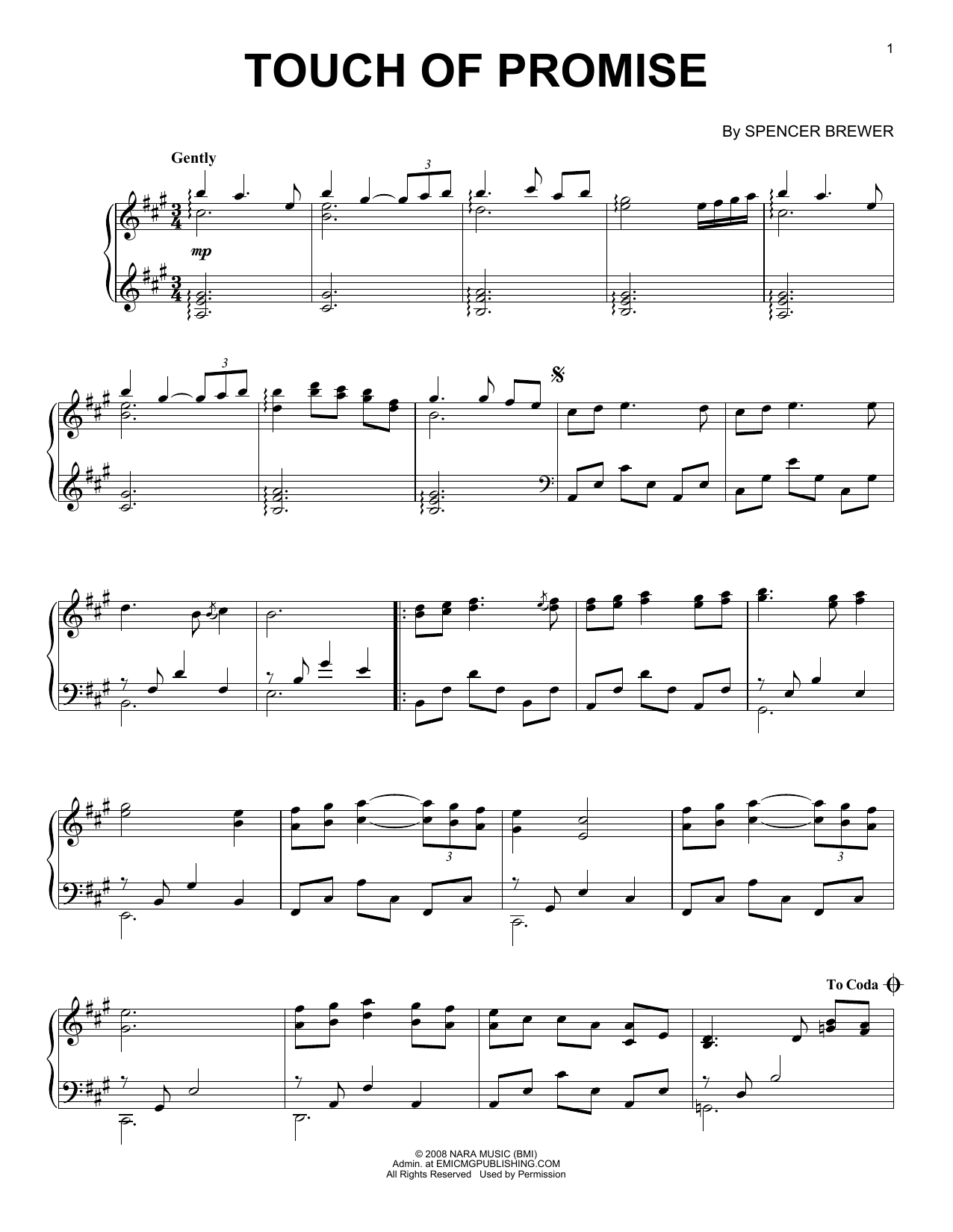 Spencer Brewer Touch Of Promise sheet music notes and chords arranged for Piano, Vocal & Guitar Chords (Right-Hand Melody)