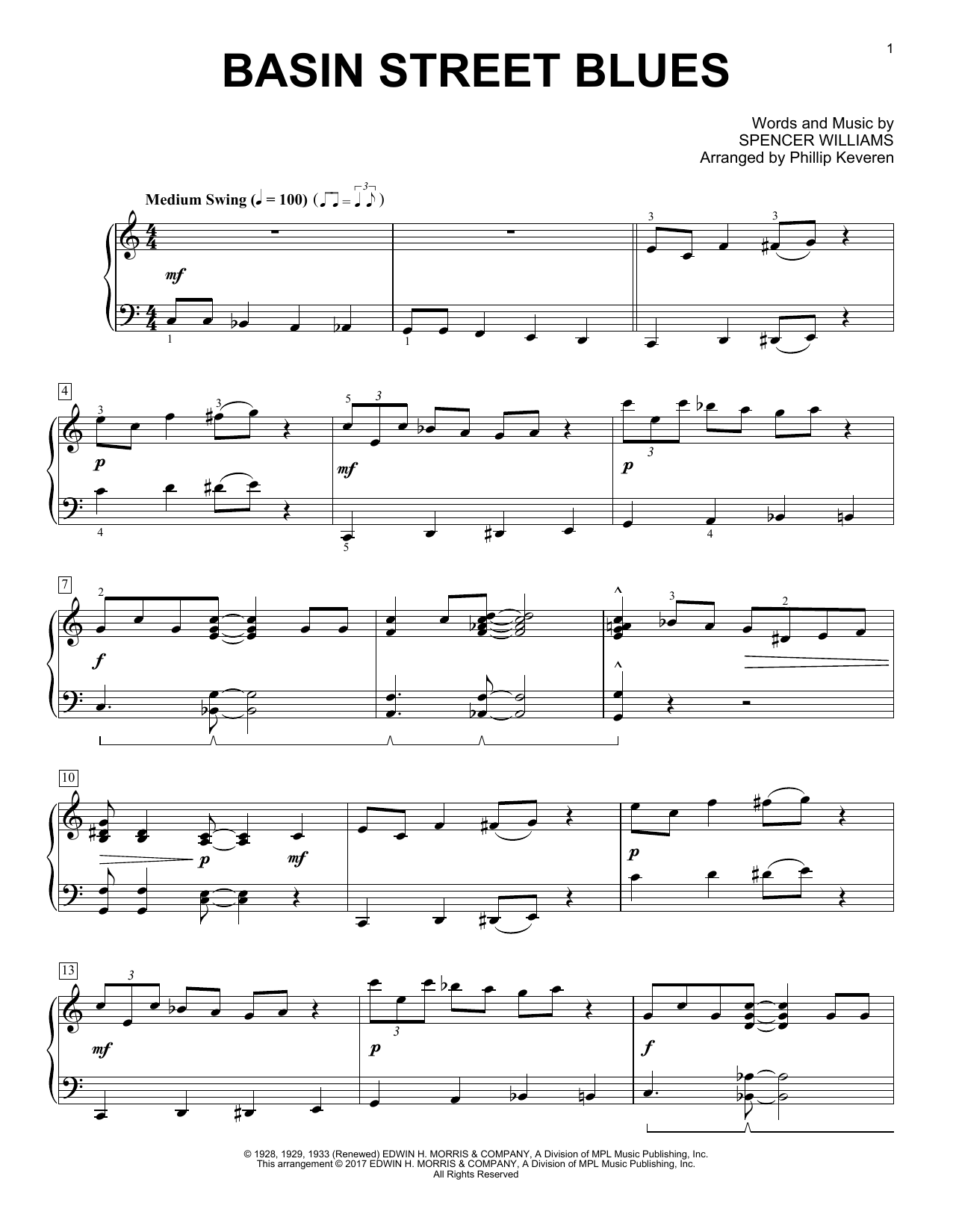 Spencer Williams Basin Street Blues (arr. Phillip Keveren) sheet music notes and chords arranged for Piano Solo