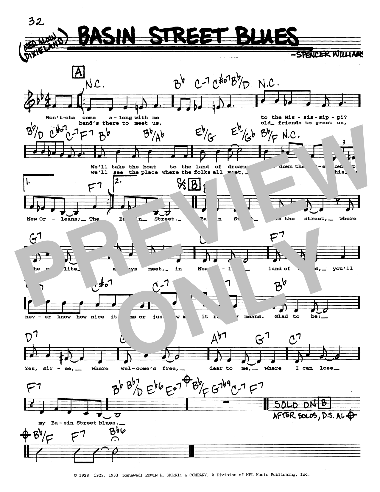 Spencer Williams Basin Street Blues (Low Voice) sheet music notes and chords arranged for Real Book – Melody, Lyrics & Chords