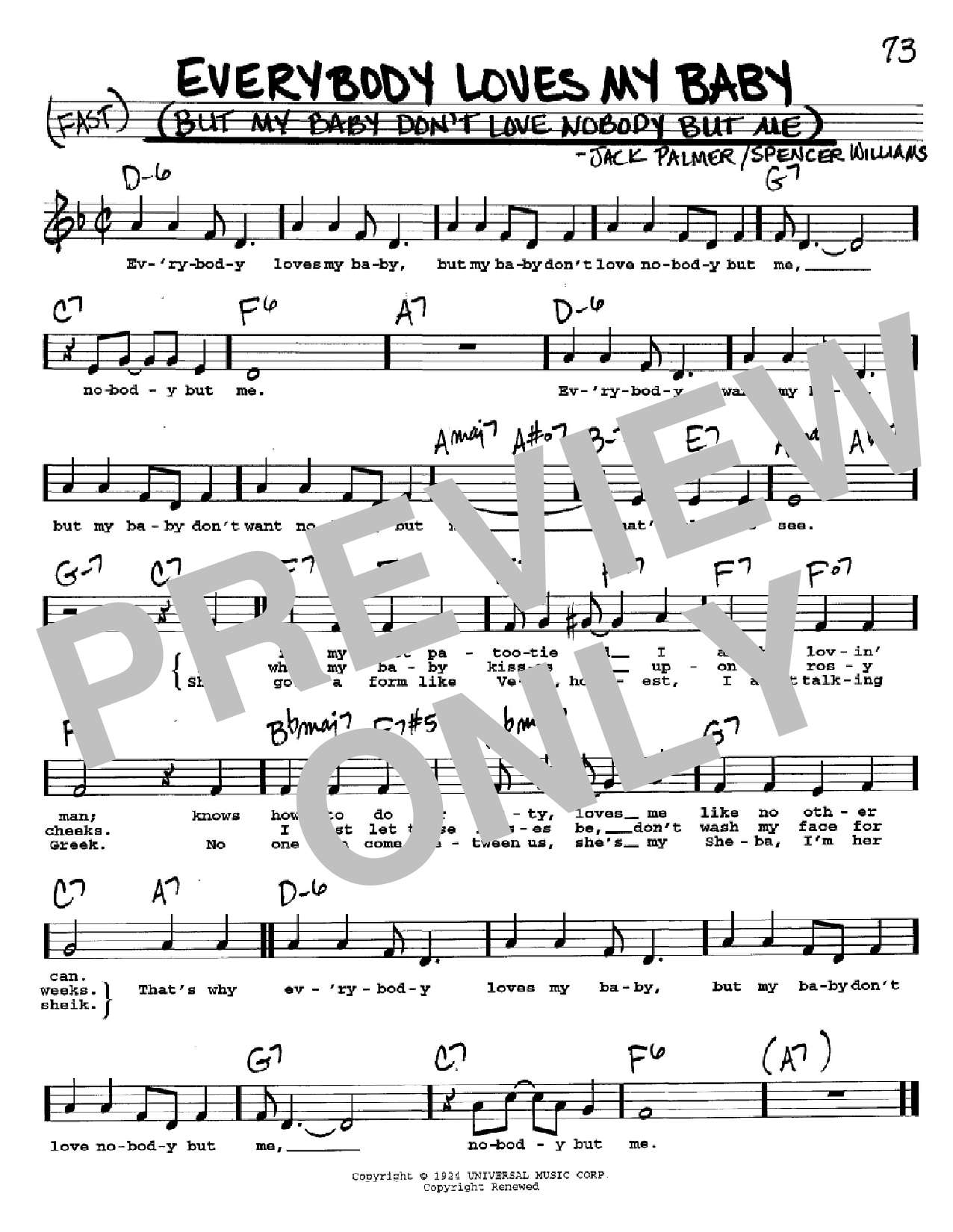 Spencer Williams Everybody Loves My Baby (But My Baby Don't Love Nobody But Me) sheet music notes and chords arranged for Real Book – Melody, Lyrics & Chords
