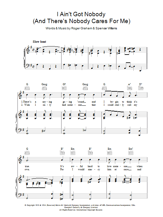 Spencer Williams I Ain't Got Nobody (And There's Nobody Cares For Me) sheet music notes and chords arranged for Piano, Vocal & Guitar Chords